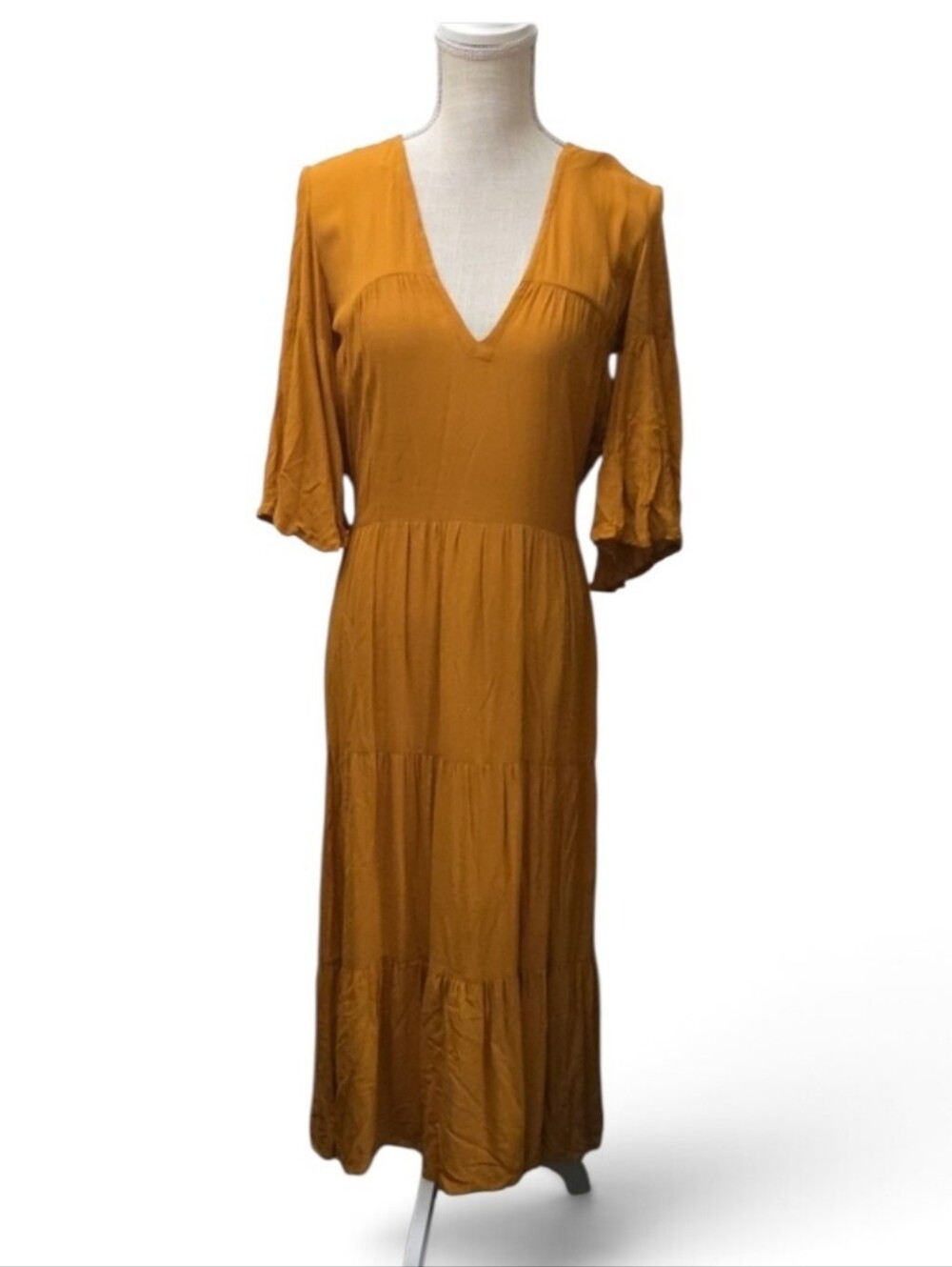 Faithfull the Brand Mustard V-Neck Tiered Dress